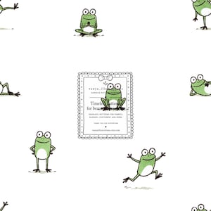 Könnte beinhalten: Ein weißer Hintergrund mit einem sich wiederholenden Muster aus grünen Cartoon-Fröschen in verschiedenen Posen. In der Mitte befindet sich ein rechteckiges Etikett mit gewelltem Rand und dem Text vanya_illustrations, Timeless patterns for beautiful creations.