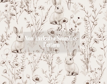 Non-Exclusive Seamless Pattern Bunny in Meadow, Design, Fabric Pattern, Cute, Minimalistic, Kids, Baby, Gender Neutral, Doodle