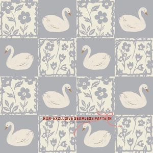 Könnte beinhalten: Nahtloses Muster mit weißen Schwänen und floralen Designs in einem Raster. Die Schwäne haben orangefarbene Schnäbel und sind vor einem hellgrauen Hintergrund platziert. Die floralen Quadrate haben graue Blumen und Blätter. Der Text "NON-EXCLUSIVE SEAMLESS PATTERN" ist sichtbar.