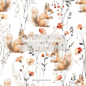 Könnte beinhalten: Nahtloses Aquarellmuster mit Eichhörnchen, Blumen und Blättern in Braun-, Orange- und Beigetönen auf weißem Hintergrund. Der Text "Non-Exclusive Seamless Pattern" ist sichtbar. Die Signatur des Künstlers ist enthalten.