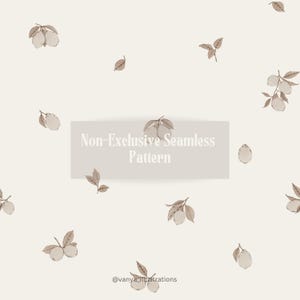 Könnte beinhalten: Ein nahtloses Musterdesign mit Aquarellillustrationen von Zitronen und Blättern in Braun- und Beigetönen. Der Text "Non-Exclusive Seamless Pattern" wird auf einem hellbraunen Rechteck angezeigt. Der Name des Künstlers ist ebenfalls enthalten.