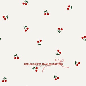 Könnte beinhalten: Cremefarbenes nahtloses Muster mit kleinen roten Kirschen und grünen Blättern. Der Entwurf enthält den Text "NON-EXCLUSIVE SEAMLESS PATTERN" und den Instagram-Handle "@vanya_illustrations".