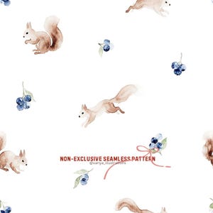 May include: Watercolor pattern featuring squirrels and blueberries on a white background. The squirrels are depicted in shades of brown and tan, while the blueberries are a deep blue. The text "NON-EXCLUSIVE SEAMLESS PATTERN" is also visible.