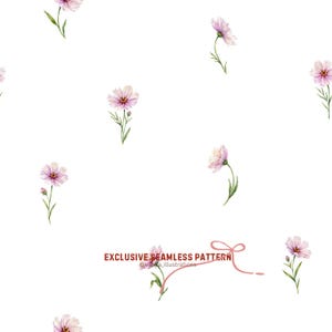 Könnte beinhalten: Ein nahtloses Muster mit Aquarellillustrationen zarter rosa Kosmosblüten mit grünen Stielen und Blättern, vor einem sauberen weißen Hintergrund. Der Text "EXCLUSIVE SEAMLESS PATTERN" ist enthalten.