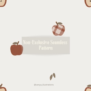Könnte beinhalten: Ein nahtloses Muster mit roten Äpfeln mit Karomuster und einfarbigen roten Äpfeln auf weißem Hintergrund. Der Text "Non-Exclusive Seamless Pattern" wird in einem weißen Kasten mit Schatten angezeigt. Der Text "@vanya_illustrations" wird am unteren Rand des Bildes angezeigt.