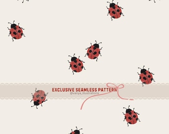 May include: A repeating pattern of red ladybirds with black spots against a cream backdrop. The ladybirds are arranged in a random pattern. The text "EXCLUSIVE SEAMLESS PATTERN" is displayed. A decorative ribbon is also present.