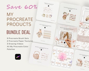SAVE 60% All My Procreate Products Bundle Deal, Procreate Bundle, Watercolor Brushes, Pattern Brushes, Stamps, Color Palettes, Canvas