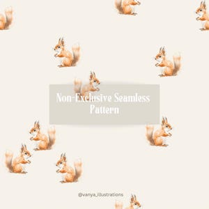 Könnte beinhalten: Ein nahtloses Muster mit Aquarellillustrationen von Eichhörnchen in Braun- und Orangetönen auf cremefarbenem Hintergrund. Der Text "Non-Exclusive Seamless Pattern" wird auf einem hellgrauen Rechteck angezeigt.