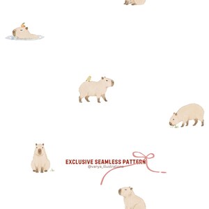 Könnte beinhalten: Ein sich wiederholendes Muster mit Aquarellillustrationen von Capybaras in verschiedenen Posen, einige mit Vögeln. Die Capybaras sind hellbraun und haben ein weiches, strukturiertes Aussehen. Der Text "EXCLUSIVE SEAMLESS PATTERN" ist rot.