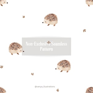 Puede incluir: Un patrón sin costuras con ilustraciones de erizos marrones en acuarela sobre un fondo blanco. El texto "Non-Exclusive Seamless Pattern" se muestra en un rectángulo gris claro. El texto "@vanya_illustrations" se muestra en la parte inferior de la imagen.