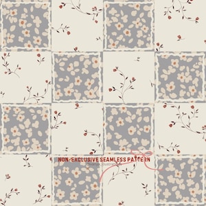 May include: A seamless pattern featuring a patchwork design with alternating squares of gray and cream. The gray squares are filled with white floral clusters, while the cream squares have delicate floral sprigs. The text "NON-EXCLUSIVE SEAMLESS PATTERN" is visible.
