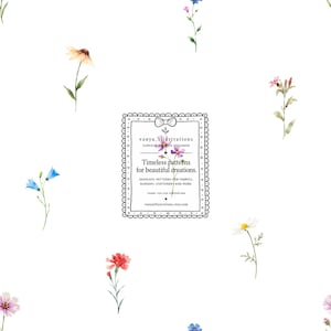 Könnte beinhalten: Ein weißer Hintergrund mit einem sich wiederholenden Muster aus Wildblumen im Aquarellstil in Rosa, Blau, Gelb und Orange. Ein zentrales rechteckiges Etikett zeigt den Text vanya_illustrations, Timeless patterns for beautiful creations.