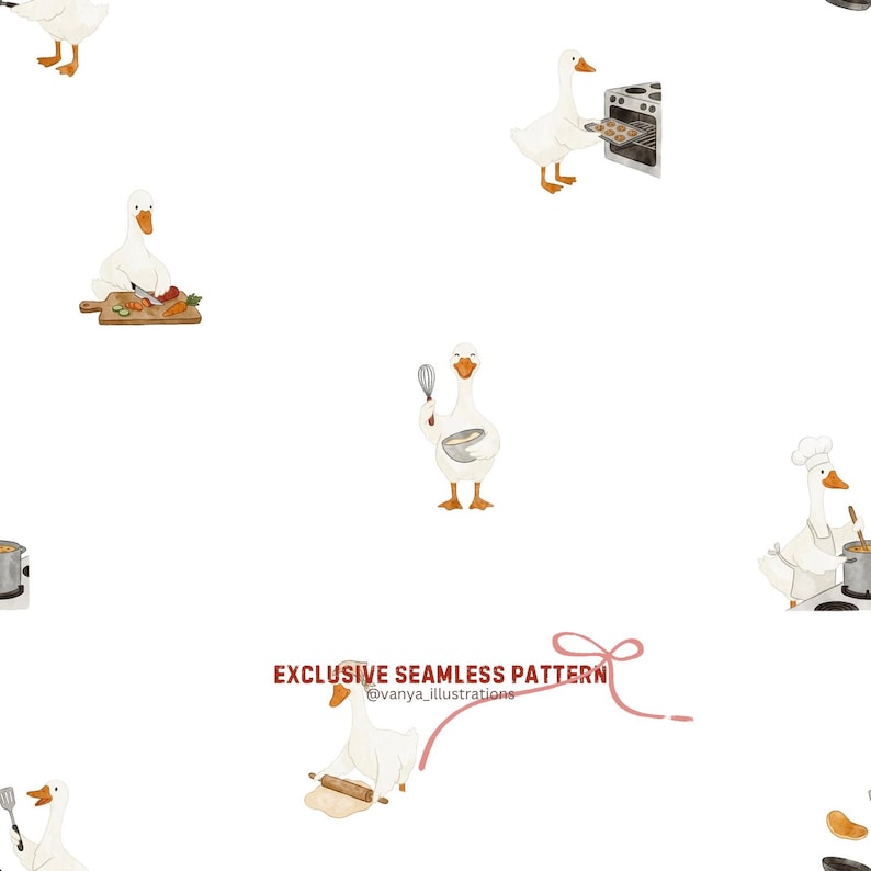May include: A repeating pattern of cartoon geese engaged in cooking activities. One goose bakes, another whisks, and a third rolls dough. The design includes the text "EXCLUSIVE SEAMLESS PATTERN" and the artist's name.
