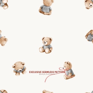 Könnte beinhalten: Nahtloses Muster mit Aquarell-Illustrationen von Teddybären. Jeder Bär ist hellbraun mit einem grauen Hemd, sitzend oder liegend auf weißem Hintergrund. Der Text "EXCLUSIVE SEAMLESS PATTERN" ist ebenfalls vorhanden.