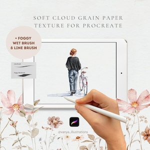 Könnte beinhalten: Digitale Kunstillustration auf einem Tablet, das eine Person mit einem Fahrrad zeigt. Das Tablet zeigt ein Aquarellgemälde. Das Bild enthält Text: "SOFT CLOUD GRAIN PAPER TEXTURE FOR PROCREATE" und "+ FOGGY WET BRUSH & LINE BRUSH".