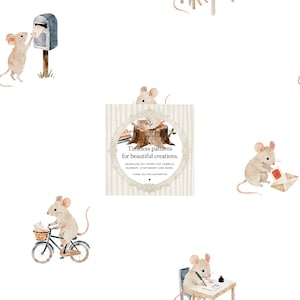 Könnte beinhalten: Ein nahtloses Muster mit Aquarellillustrationen von hellbraunen Mäusen bei verschiedenen Aktivitäten, darunter Briefe einwerfen, Fahrrad fahren und am Schreibtisch schreiben, zentriert mit einem Etikett mit dem Text Timeless patterns for beautiful creations.