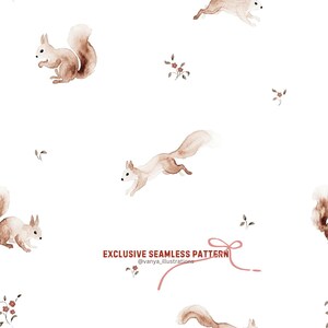 May include: A seamless pattern featuring watercolor illustrations of squirrels in shades of brown and beige, interspersed with small red flowers and green leaves, set against a white background. The text "EXCLUSIVE SEAMLESS PATTERN" is displayed in brown.