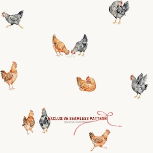 Könnte beinhalten: Aquarell-Illustration von Hühnern in verschiedenen Posen, darunter Gehen, Picken und Ausruhen. Die Hühner sind in Braun-, Grau- und Orangetönen gehalten und vor einem cremefarbenen Hintergrund platziert. Der Text "EXCLUSIVE SEAMLESS PATTERN" ist sichtbar.