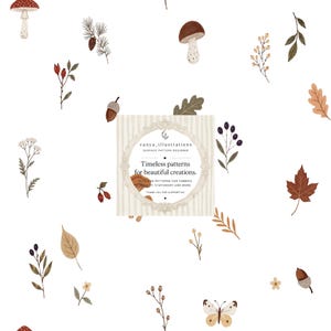 May include: A white background featuring a repeating pattern of mushrooms, acorns, autumn leaves, berries, and a butterfly. Centered is a square label with a decorative frame containing the text vanya_illustrations, Timeless patterns for beautiful creations.