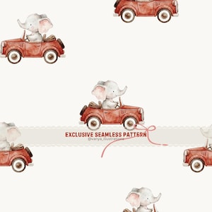 Könnte beinhalten: Nahtloses Muster mit Aquarellillustrationen eines Baby-Elefanten, der ein rotes Oldtimer-Auto fährt. Das Design umfasst mehrere Autos mit Elefanten auf cremefarbenem Hintergrund. Der Text "EXCLUSIVE SEAMLESS PATTERN" ist ebenfalls vorhanden.