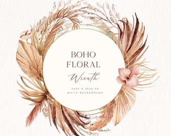 Boho Watercolor Floral Wreath Clipart (PNG)