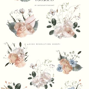 May include: Ten watercolor floral bouquets with a variety of flowers, including roses, peonies, and greenery. The bouquets are in shades of pink, white, and blue.