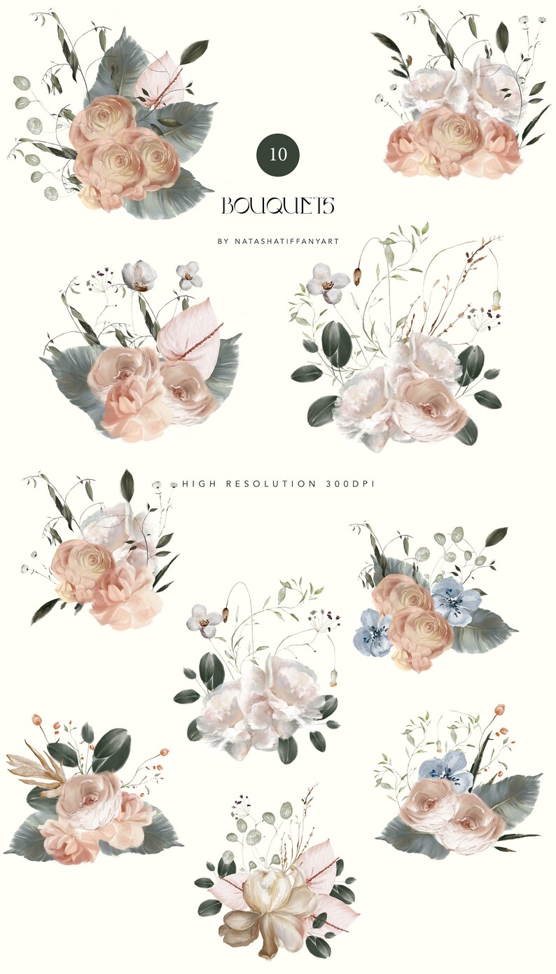 May include: Ten watercolor floral bouquets with a variety of flowers, including roses, peonies, and greenery. The bouquets are in shades of pink, white, and blue.