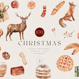 Clipart Noël aquarelle, renne, renard, Noël des bois, sapin de Noël, clipart dessert, Noël PNG