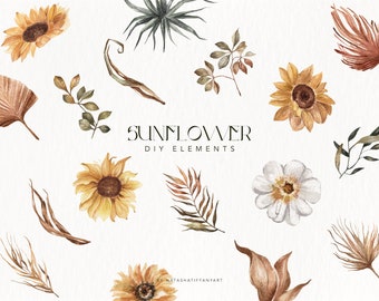Boho zonnebloem aquarel clipart, bloemen png-bundel (digitale download)