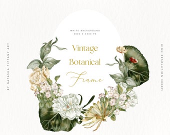 Vintage Botanical Frame, Watercolor Floral Clipart (PNG)