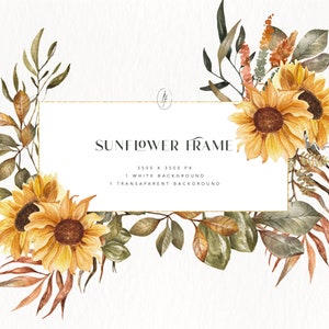 Boho Frame Clipart,Sunflower Frame,Sunflower Clipart,Summer Wedding Clipart,Boho Floral Clipart,Watercolor Floral Clipart,Watercolor Clipart