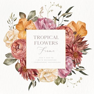 Tropical Floral Frame,Tropical Flower Clipart,Watercolor Floral Frame,Botanical Clipart,Wedding Clipart,Floral Frame,Botanical Frame,Clipart