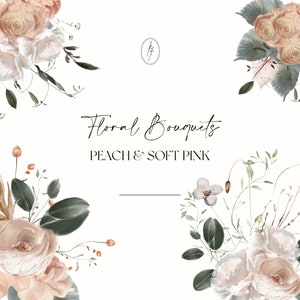 May include: Watercolor floral bouquets in peach and soft pink colors. The bouquets feature roses, leaves, and other floral elements. The image is perfect for creating invitations, cards, and other digital or printed designs.