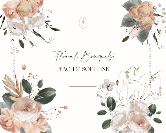 Watercolor Floral Clipart, Blush Peonies, Rose Bouquet (PNG)