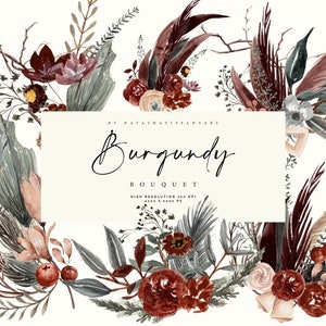 Mariage de fleurs séchées Bordeaux, Clipart floral automne, Clipart floral automne PNG, Clipart floral aquarelle, Clipart automne