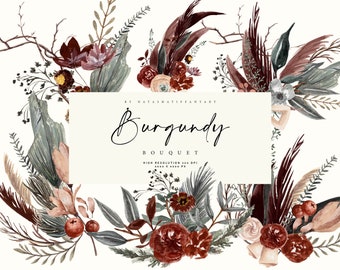 Clipart floral burdeos, ramo de flores de acuarela (PNG)