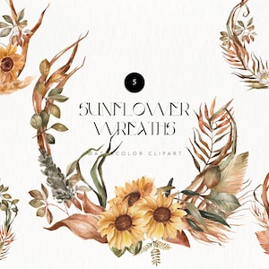 Floral Wreath, Sunflower Wreath, Sunflower PNG, Watercolor Floral Clipart, Spring Summer Wedding Clipart, Boho Floral Clipart, Boho Wreaths