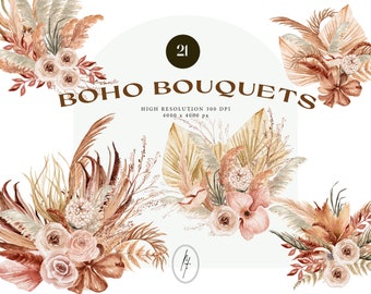 Boho Floral Bouquet Clipart, Watercolor Flowers (PDF File)