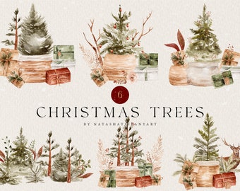 Watercolor Christmas Tree Clipart, Rustic Christmas Decor, Farmhouse Christmas Decorations, Woodland Tree, Christmas Clipart, Christmas PNG