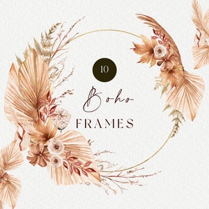 Clipart floral bohème, cadre bohème, pampa, fleurs séchées, palmiers, clipart bohème aquarelle, bouquet de mariage bohème, clipart floral, art bohème