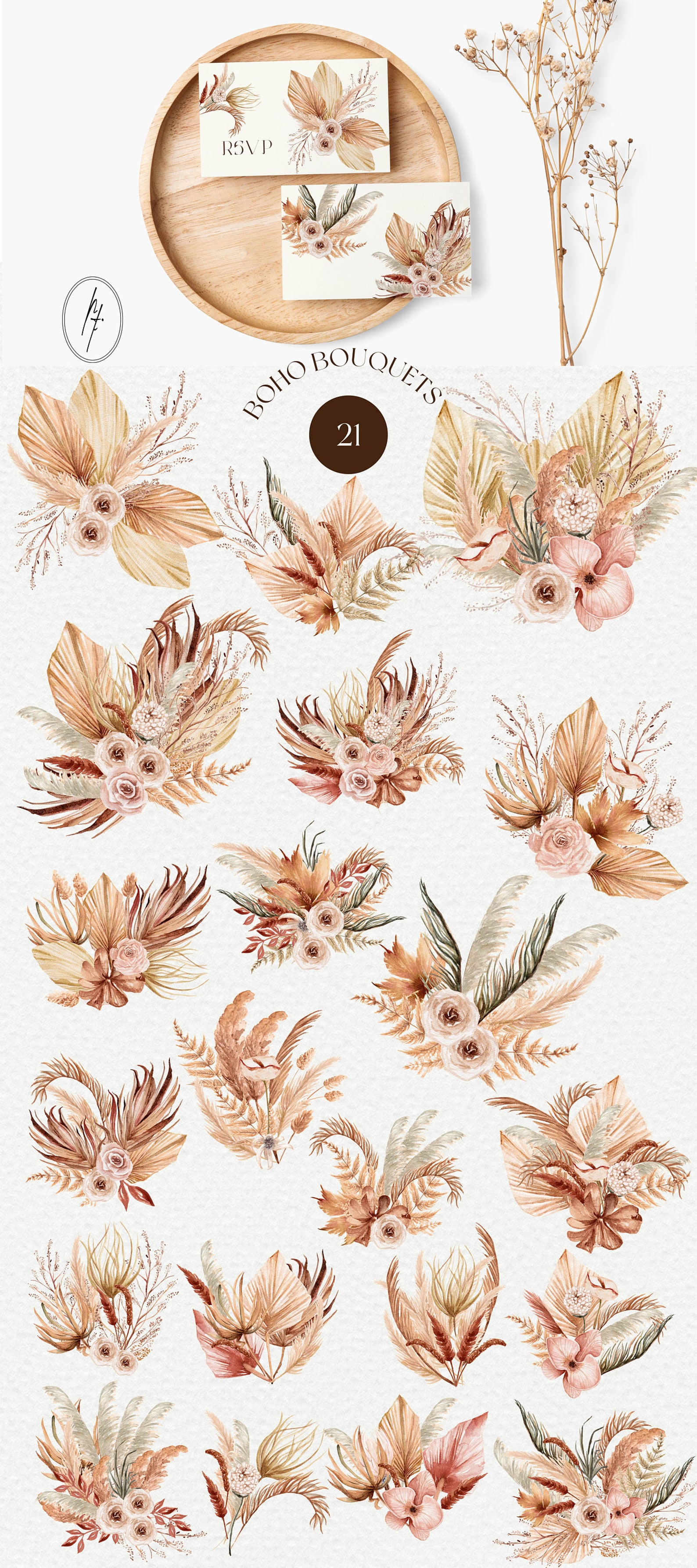 Boho Floral Clipart Boho Floral Pampas Dried Flowers - Etsy