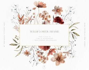 Watercolor Wildflower Frame Clipart, Botanical Wedding Design (PNG)