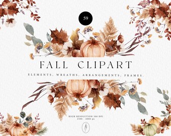 Watercolor Fall Floral Clipart, Wreaths, Frames (PNG Digital Download)