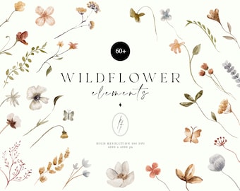 Watercolor Wildflower Clipart, Spring Floral Elements (PNG, Digital Download)