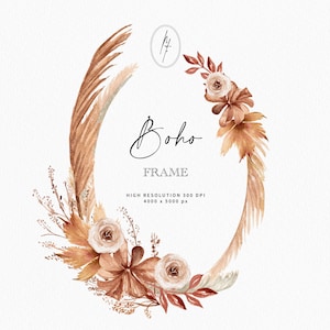 Couronne de fleurs séchées Boho, Couronne de Pampass séchée, Clipart de faire-part de mariage Boho, Clipart Boho, Shower nuptiale Boho, Couronne de mariage Boho