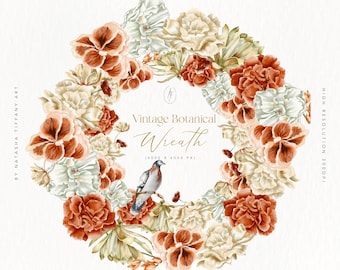 Vintage Floral Wreath Clipart, Watercolor Botanical Design (PNG)