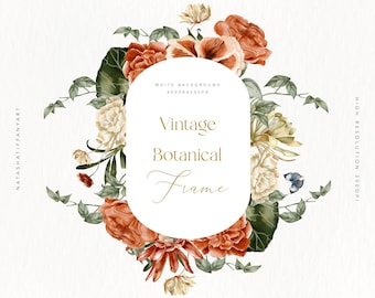 Watercolor Floral Frame Clipart, Vintage Botanical Design (PNG Digital Download)