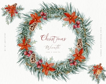 Christmas Wreath Clipart, Watercolor Christmas Clipart, Floral Clipart, Christmas PNG, Wreath Clipart, Red Christmas Wreath, Wreath Clipart