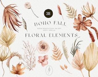 Boho höstblommig clipart, torkade blommor, bröllopsgrafik (PDF-fil)