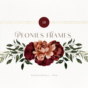 Pivoine cadres Clipart, Clipart floral aquarelle, Clipart pivoine aquarelle, pivoine PNG, Clipart floral Bourgogne, cadres de mariage PNG, fleur PNG